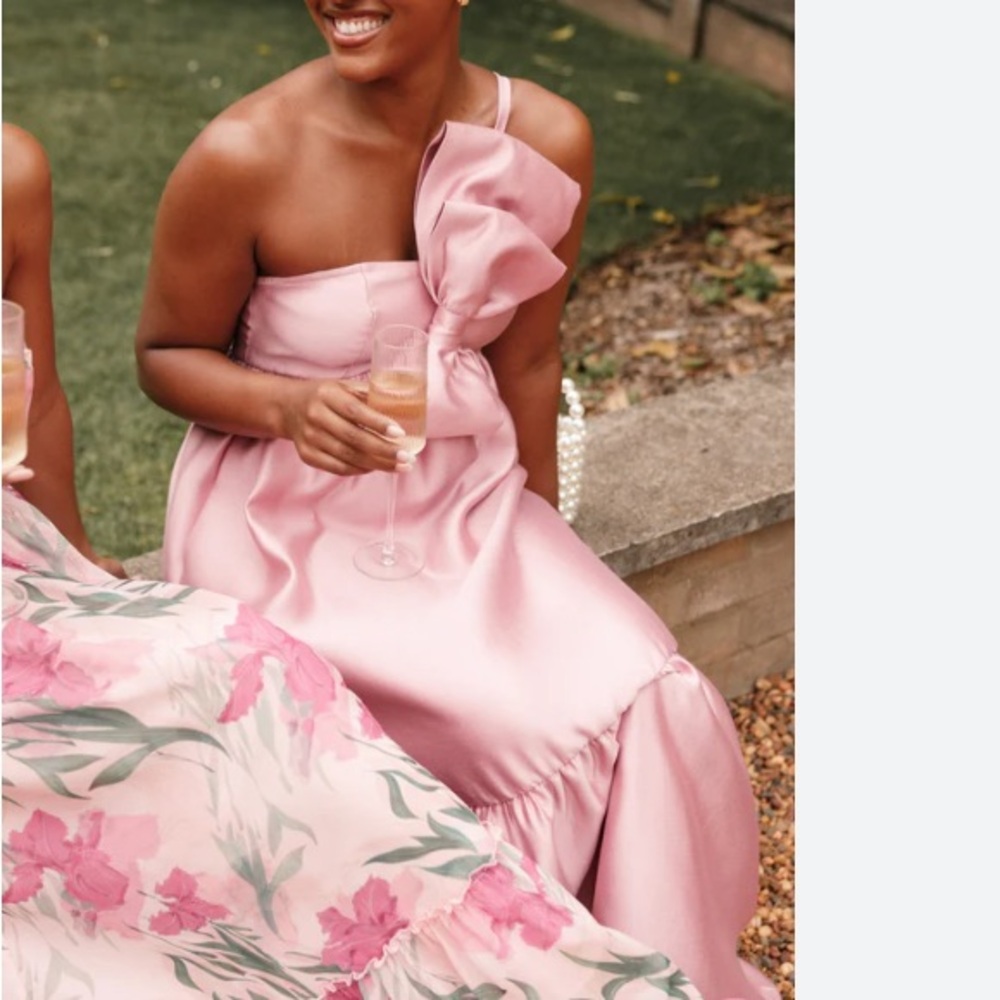 PETAL & PUP Betina Dusty Rose Pink Satin One Shoulder Bow Maxi Dress - Picture 9 of 16